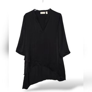 Chico's Size 2 Women Med Tunic Top Black Lagenlook 3/4 Button Sleeve Lightweight